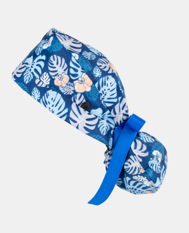 Ponytail Scrub Cap - Tropical Leaves