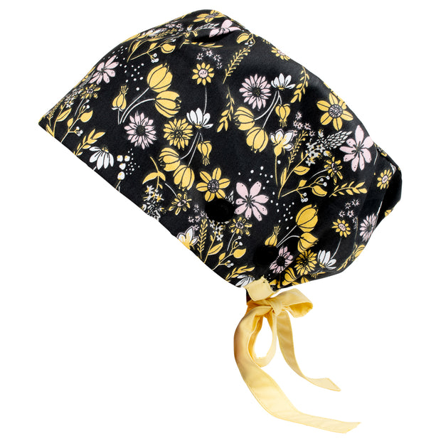 Ponytail Scrub Cap - Euro Midnight Flowers - First Lifesaver