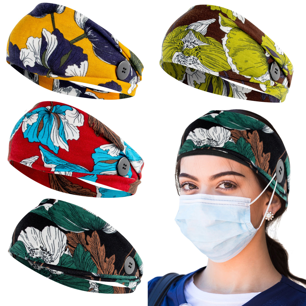 Headbands With Buttons For Mask, Nurse Headbands Non Slip With Ear Savers - Vivid Blooms - First Lifesaver