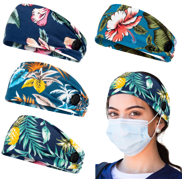 Headbands With Buttons For Mask, Nurse Headbands Non Slip With Ear Savers - Tropical Hawaiian - First Lifesaver